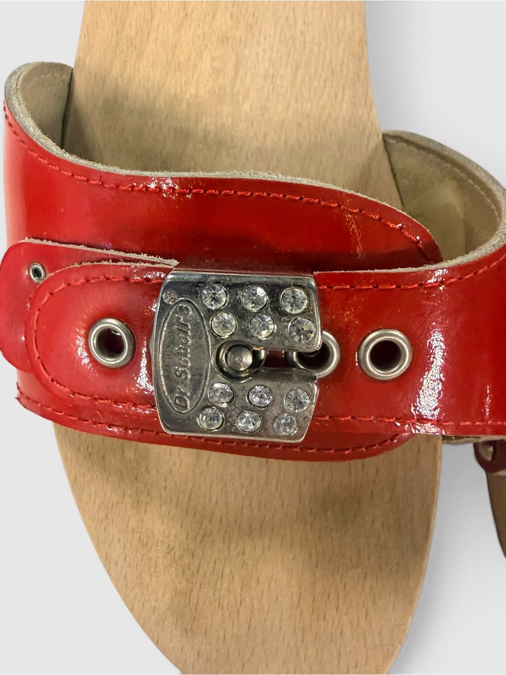 Vintage Dr Scholl's Red Patent Wood Slide Sandals Rhinestone Buckle Italy 7